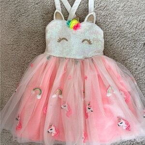 Zunie Glittery Unicorn Sequin Dress in White and Pink